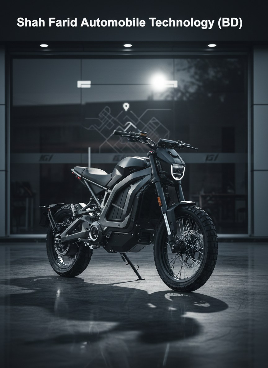 A powerful, matte-black electric bike with thick all-terrain tires and a bold, angular aluminum frame, displayed on a glossy dark showroom floor. Behind it, a clean, modern Shah Farid Automobile Technology (BD) facade with large glass panels and a subtle map-style graphic suggesting a single flagship location. Bright, directional studio lighting from above and behind creates crisp highlights along the frame and casts confident, dramatic shadows. Shot at a slightly low, three-quarter angle for a heroic, dominant presence, with photographic realism and sharp focus throughout. The atmosphere is bold and high-tech, emphasizing exclusivity and reliability, with the bike centered and background details softly blurred to keep the product as the undeniable focal point.