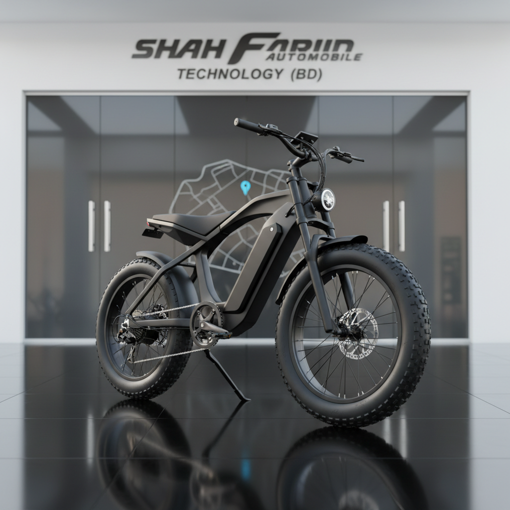 A powerful, matte-black electric bike with thick all-terrain tires and a bold, angular aluminum frame, displayed on a glossy dark showroom floor. Behind it, a clean, modern Shah Farid Automobile Technology (BD) facade with large glass panels and a subtle map-style graphic suggesting a single flagship location. Bright, directional studio lighting from above and behind creates crisp highlights along the frame and casts confident, dramatic shadows. Shot at a slightly low, three-quarter angle for a heroic, dominant presence, with photographic realism and sharp focus throughout. The atmosphere is bold and high-tech, emphasizing exclusivity and reliability, with the bike centered and background details softly blurred to keep the product as the undeniable focal point.