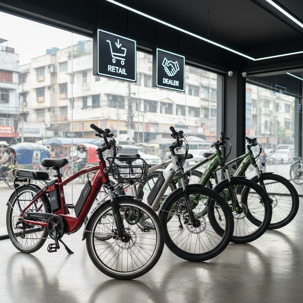 A row of vibrant electric bikes in different models and colors—deep red commuter, metallic silver city bike, and rugged forest-green off-road variant—lined up on a polished concrete floor inside a Bangladesh urban showroom labeled visually with abstract iconography for retail and dealer pathways. Large windows reveal a subtle streetscape outside, suggesting a real physical location. Cool white overhead lighting mixes with diffused daylight, creating crisp reflections on the frames and battery housings. Photographic realism, shot from an eye-level perspective with a gentle wide-angle lens, capturing the entire lineup in sharp detail. The mood is energetic and professional, communicating variety, organized distribution, and trust, while the composition uses the rule of thirds to lead the viewer’s eye down the line of bikes.