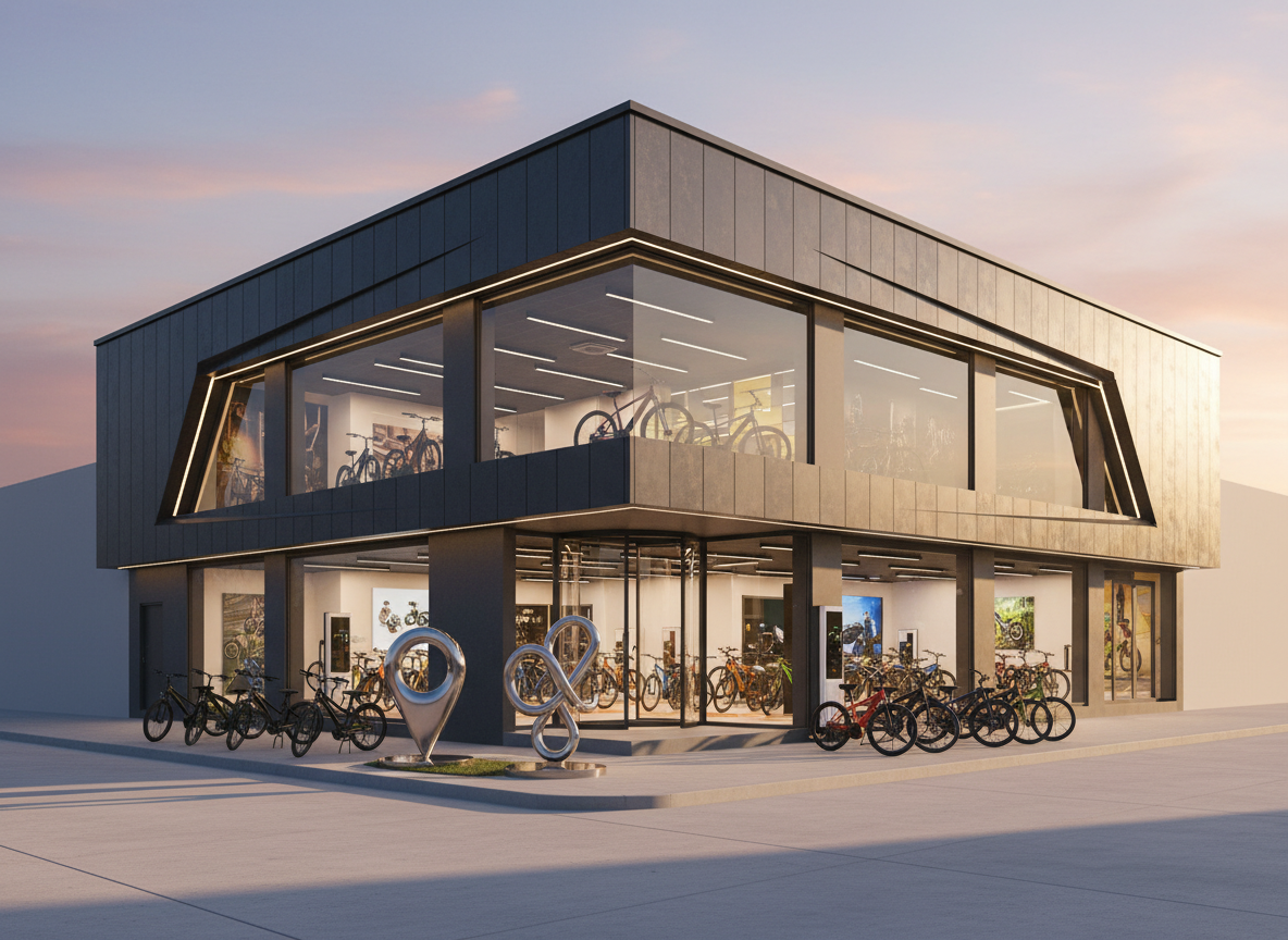 An exterior view of Shah Farid Automobile Technology (BD)’s electric bike showroom, a modern corner building featuring dark metal cladding, large glass panels displaying illuminated e-bikes inside, and bold architectural lines. A stylized map pin sculpture and an abstract contact icon stand near the entrance, subtly emphasizing location and connectivity without text. The street is clean and minimally populated with parked electric bikes instead of cars. Captured in warm golden-hour light, long shadows stretch across the pavement, and the sky glows softly. Photographic realism, composed from a slightly elevated wide-angle view showing both facades. The mood is welcoming yet assertive, conveying that this is the region’s primary, trustworthy hub for electric bike sales and distribution.