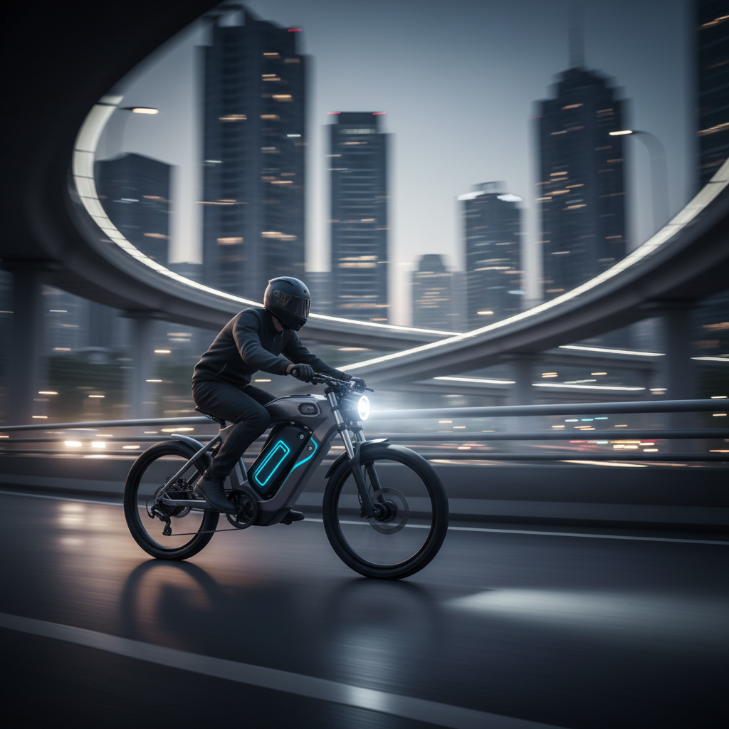 A dynamic, motion-focused shot of an electric bike captured as if racing along an abstracted Bangladesh urban flyover at dusk, the bike itself razor sharp while the background of light trails and blurred buildings suggests speed and modern infrastructure. The bike’s integrated LED headlight cuts forward through the motion blur, creating a bright line of clarity. The frame is a metallic charcoal with neon blue accents on the battery and rims, hinting at advanced technology. Cool, cinematic lighting with high contrast and subtle reflections on the roadway adds drama. Photographic realism, taken from a low, side-on tracking perspective. The mood is bold, futuristic, and energetic, aimed at conveying performance, innovation, and the reliability of a professionally distributed electric bike network.