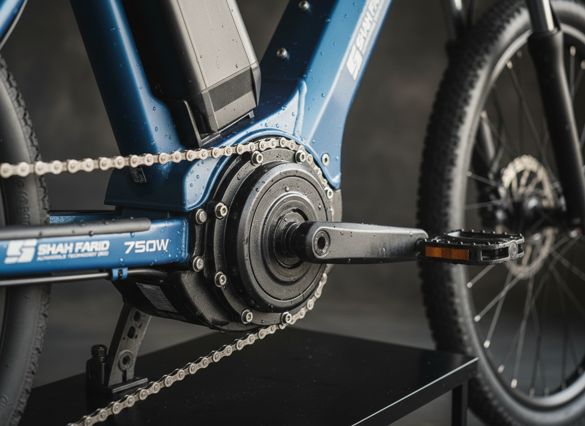 A close-up, hyper-detailed shot of an electric bike’s mid-drive motor and integrated battery pack, showing brushed metal casings, precise bolts, and embossed wattage markings on a robust downtube. The frame is a bold cobalt blue with subtle matte texture, beads of condensation hinting at durability in tough conditions. The bike rests on a smooth black platform with a faint reflection. Strong, directional side lighting creates striking highlights and deep, confident shadows, emphasizing engineering quality. Photographic realism with a very shallow depth of field keeps the motor and drivetrain razor sharp while the handlebars and rear wheel fade into creamy bokeh. The atmosphere feels technical, premium, and reliable, underscoring Shah Farid Automobile Technology (BD) as a serious authority in electric mobility.