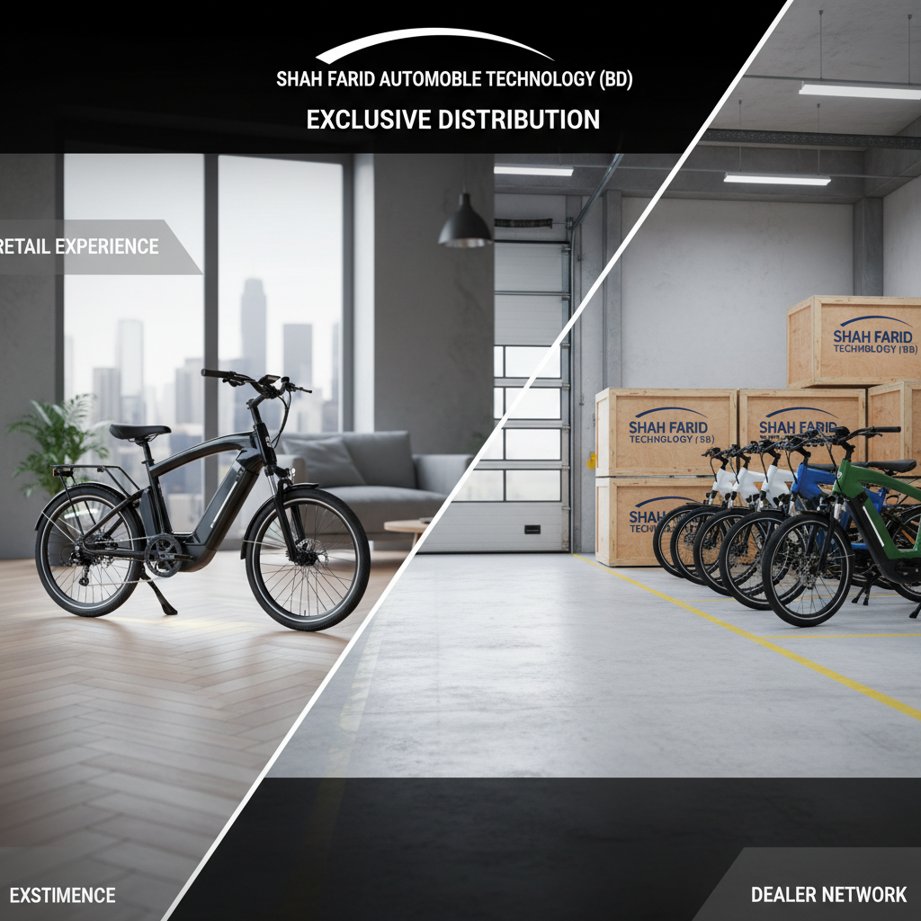 A split-layout photographic image where the left side shows a sleek, glossy electric bike displayed in a minimalist urban loft setting, representing retail customers, and the right side shows a set of stacked, branded bike crates and multiple assembled e-bikes in a clean warehouse bay, representing dealers. A diagonal visual divider cuts through the frame, using contrasting floor textures—smooth wood versus painted concrete—to differentiate pathways. Neutral, bright studio lighting ensures every technical detail is visible, with subtle accent lights highlighting the bike silhouettes. Photographic realism, shot straight-on with symmetrical framing, keeping both sides equally sharp. The atmosphere is bold and businesslike, clearly separating retail and dealer journeys while reinforcing organized, exclusive distribution through Shah Farid Automobile Technology (BD).