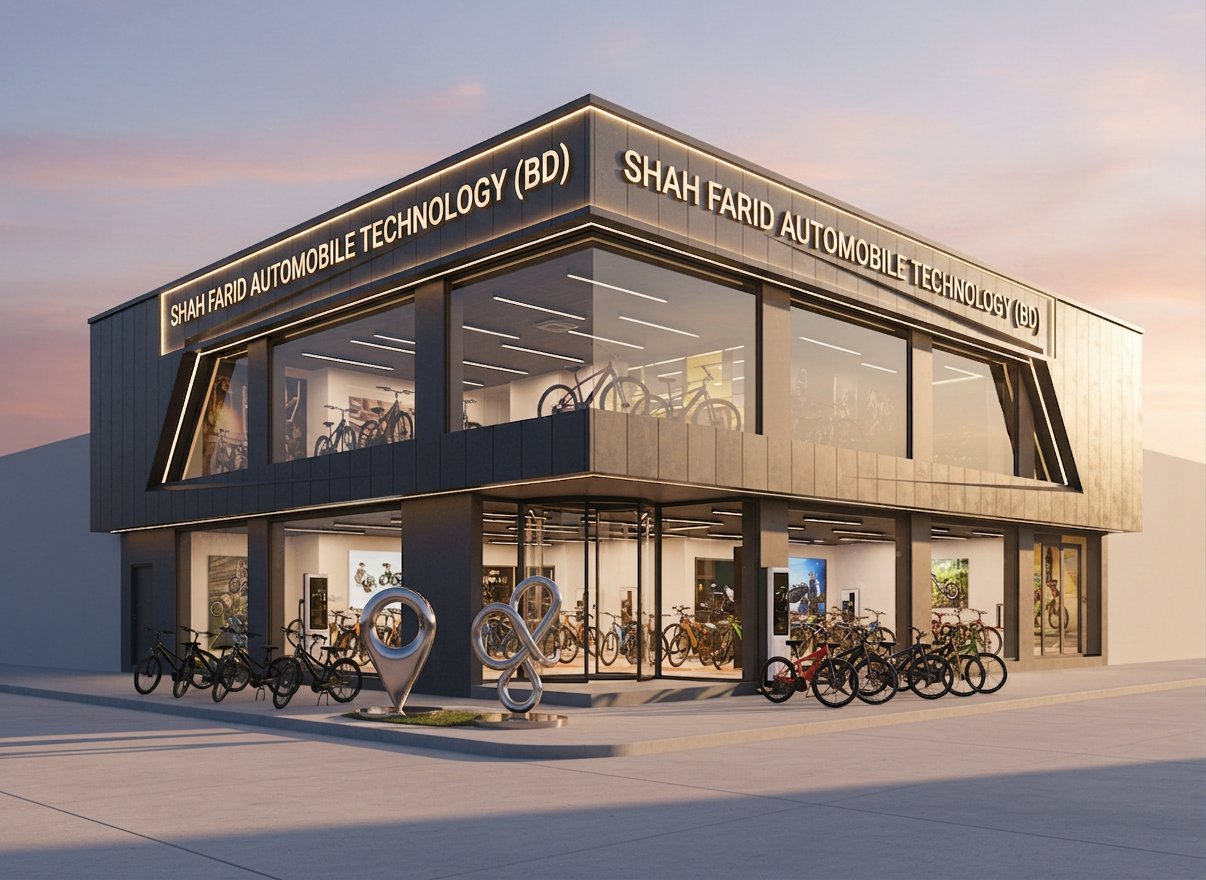 An exterior view of Shah Farid Automobile Technology (BD)’s electric bike showroom, a modern corner building featuring dark metal cladding, large glass panels displaying illuminated e-bikes inside, and bold architectural lines. A stylized map pin sculpture and an abstract contact icon stand near the entrance, subtly emphasizing location and connectivity without text. The street is clean and minimally populated with parked electric bikes instead of cars. Captured in warm golden-hour light, long shadows stretch across the pavement, and the sky glows softly. Photographic realism, composed from a slightly elevated wide-angle view showing both facades. The mood is welcoming yet assertive, conveying that this is the region’s primary, trustworthy hub for electric bike sales and distribution.