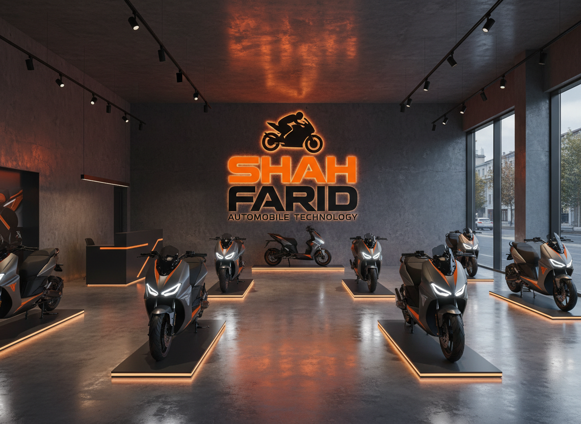 A professional electric scooter and motorcycle showroom interior. The back wall prominently displays the text "SHAH" in bold orange and "FARID" in bold dark/black, with "AUTOMOBILE TECHNOLOGY" in spaced letters below — matching a brand logo style. Above the text is an orange silhouette of a motorcycle rider leaning forward on a dark sport bike, like a logo emblem on the wall. The showroom has polished floors, warm orange spotlights, multiple sleek electric scooters and autobikes on display stands, glass windows, a bold modern dealership atmosphere with orange and black as the main colors.
